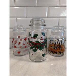 Lot Of 3 Vintage Libbey/Anchor Hocking Candy‎ Jars Valentine/halloween/xmas 0001